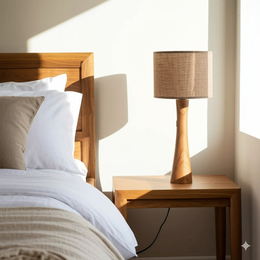 Walnut Wood Table Lamp-Vintage Linen Shade Bedside & Desk Light