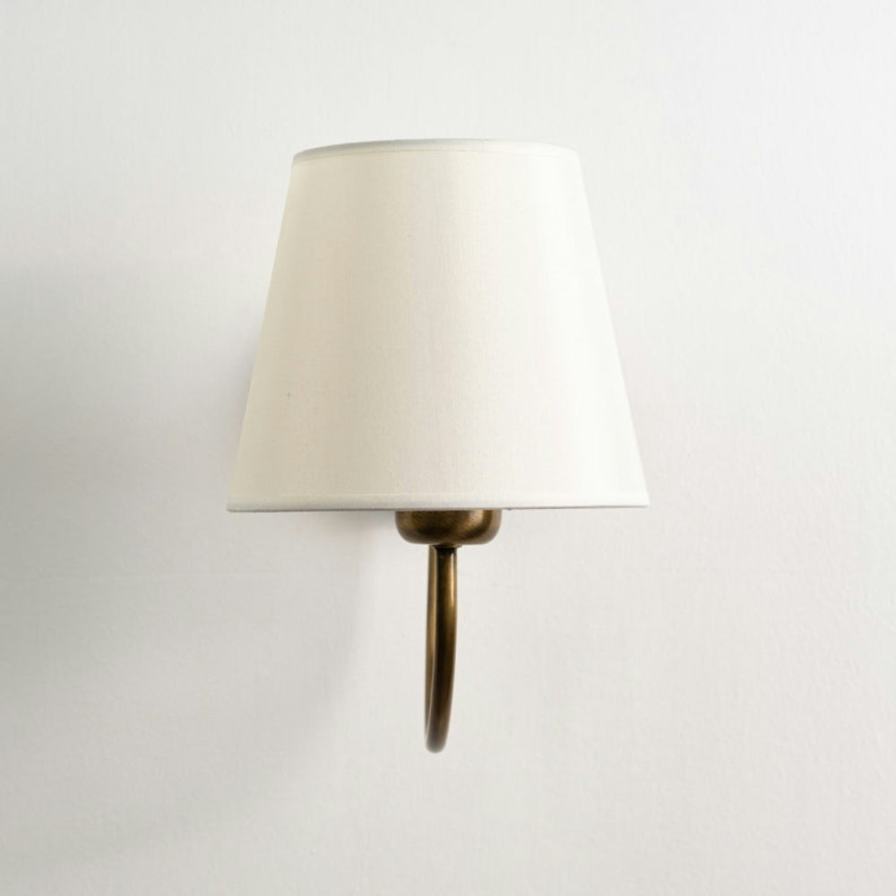 Aged Brass Wall Sconce–Vintage Fabric Lampshade Curved Arm Lighting