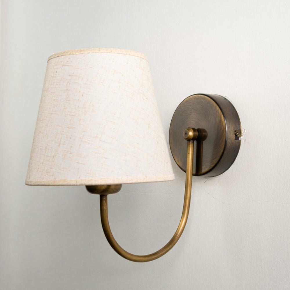 Aged Brass Wall Sconce–Vintage Fabric Lampshade Curved Arm Lighting