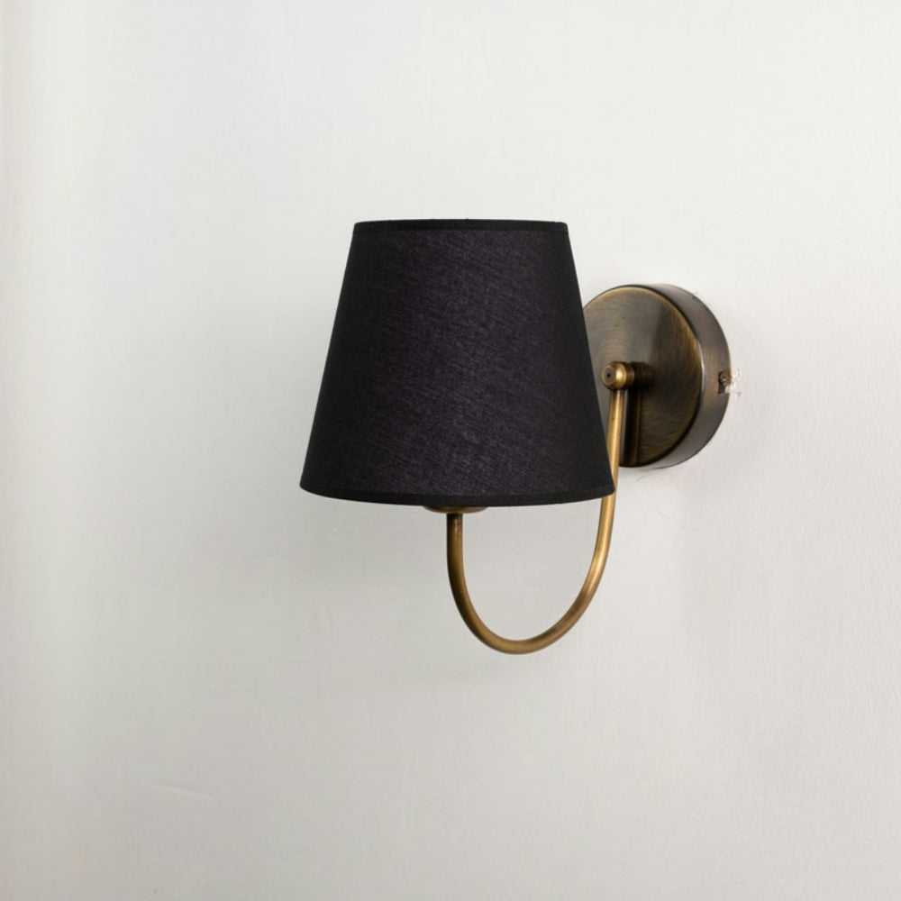 Aged Brass Wall Sconce–Vintage Fabric Lampshade Curved Arm Lighting