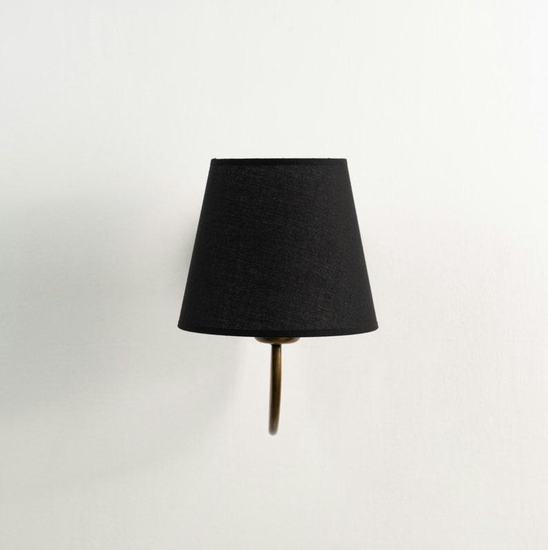 Aged Brass Wall Sconce–Vintage Fabric Lampshade Curved Arm Lighting