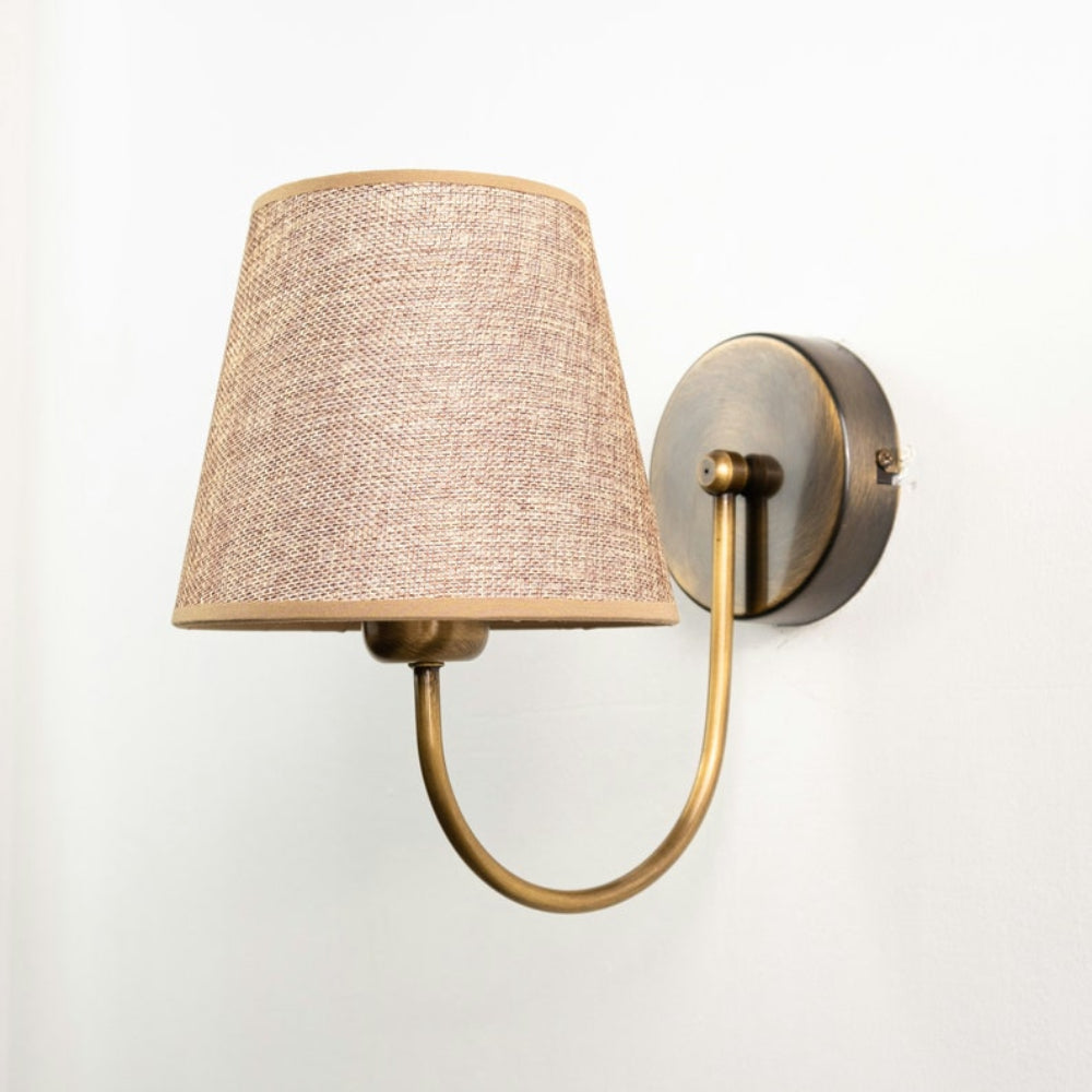 Aged Brass Wall Sconce–Vintage Fabric Lampshade Curved Arm Lighting