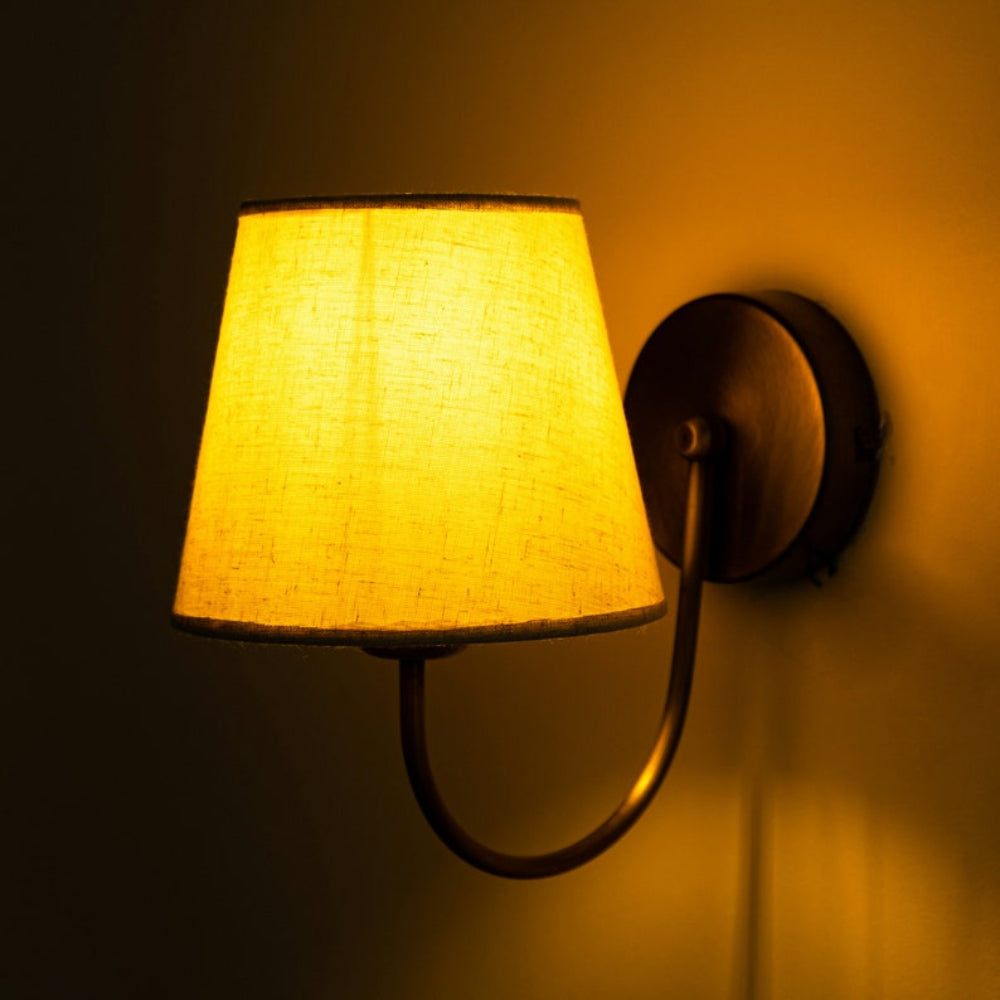 Aged Brass Wall Sconce–Vintage Fabric Lampshade Curved Arm Lighting