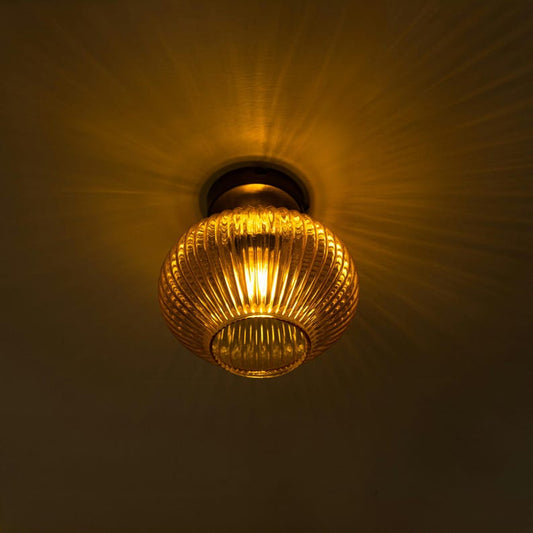 Antique Ribbed Glass Ceiling Lamp-Semi Flush Vintage Fixture