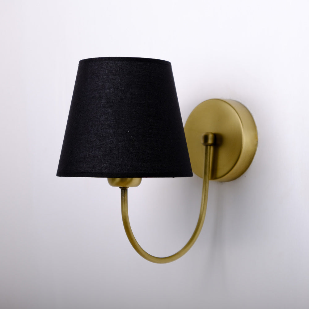 Aged Brass Wall Sconce–Vintage Fabric Lampshade Curved Arm Lighting