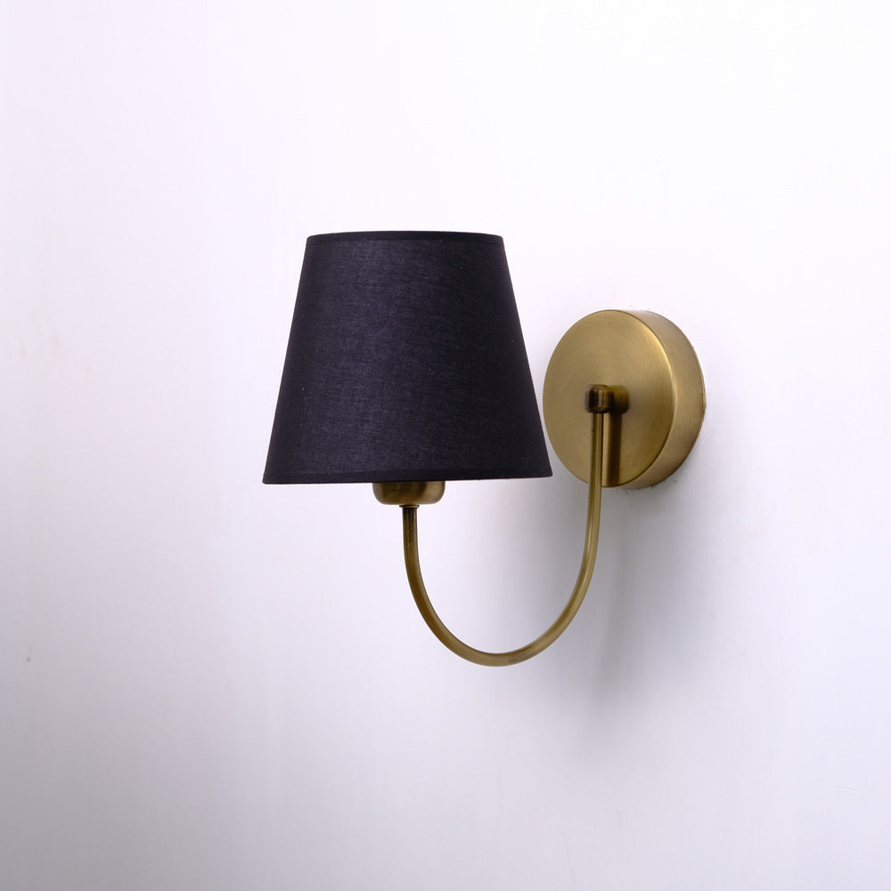 Aged Brass Wall Sconce–Vintage Fabric Lampshade Curved Arm Lighting