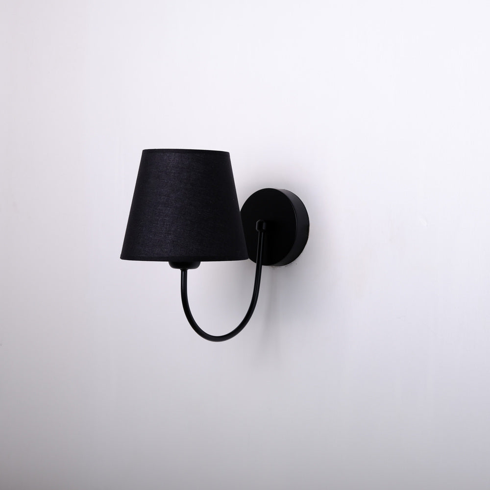 Aged Brass Wall Sconce–Vintage Fabric Lampshade Curved Arm Lighting