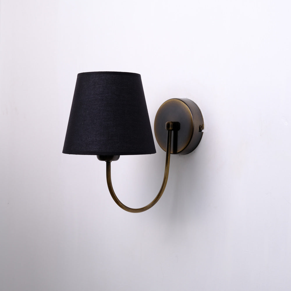 Aged Brass Wall Sconce–Vintage Fabric Lampshade Curved Arm Lighting