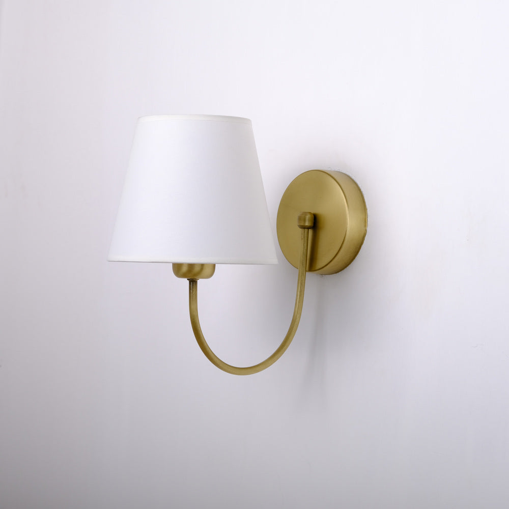 Aged Brass Wall Sconce–Vintage Fabric Lampshade Curved Arm Lighting