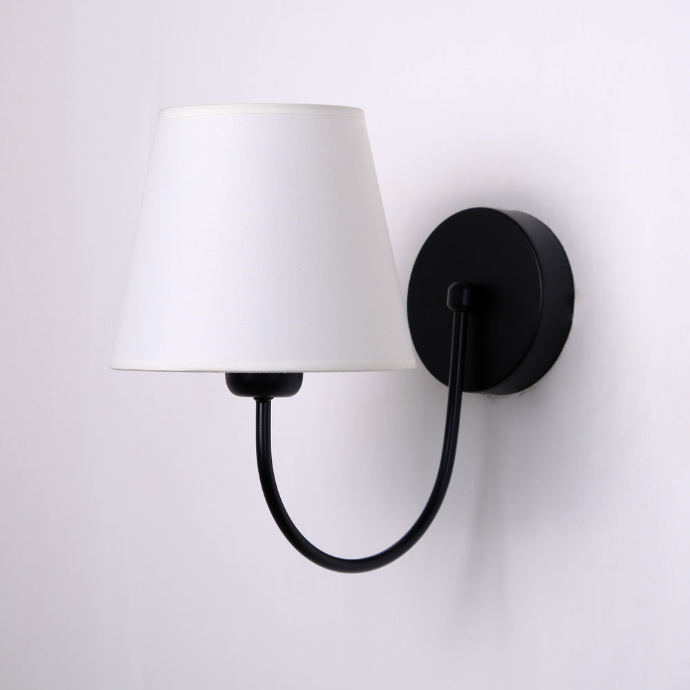 Aged Brass Wall Sconce–Vintage Fabric Lampshade Curved Arm Lighting