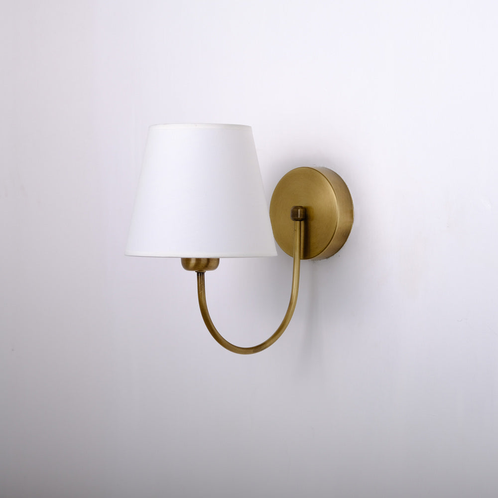 Aged Brass Wall Sconce–Vintage Fabric Lampshade Curved Arm Lighting