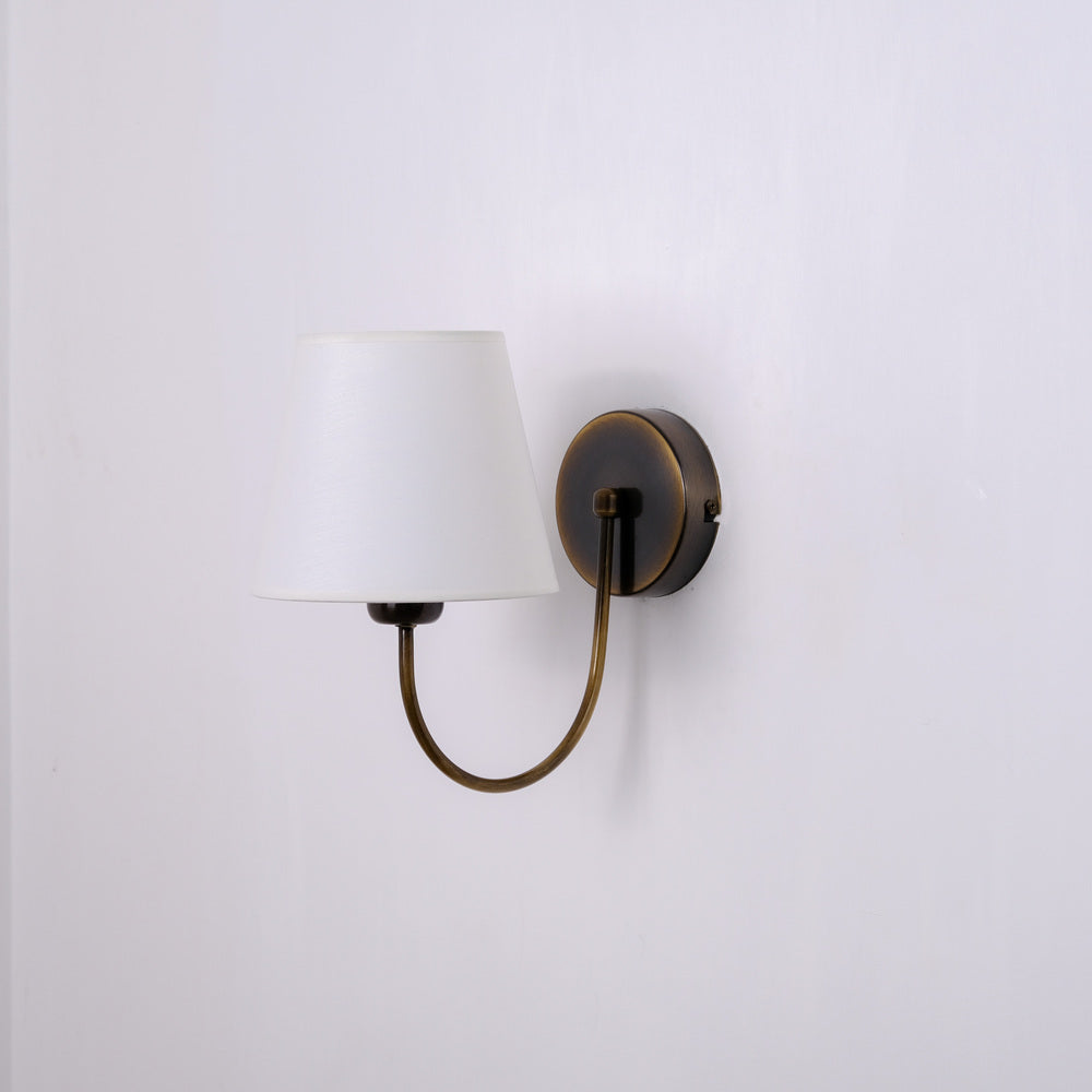 Aged Brass Wall Sconce–Vintage Fabric Lampshade Curved Arm Lighting