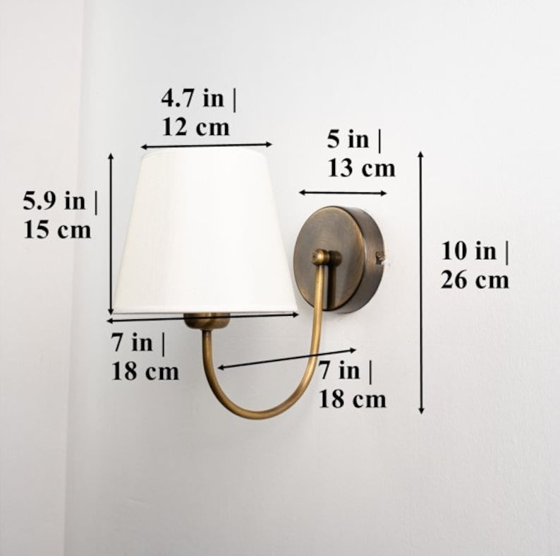 Aged Brass Wall Sconce–Vintage Fabric Lampshade Curved Arm Lighting