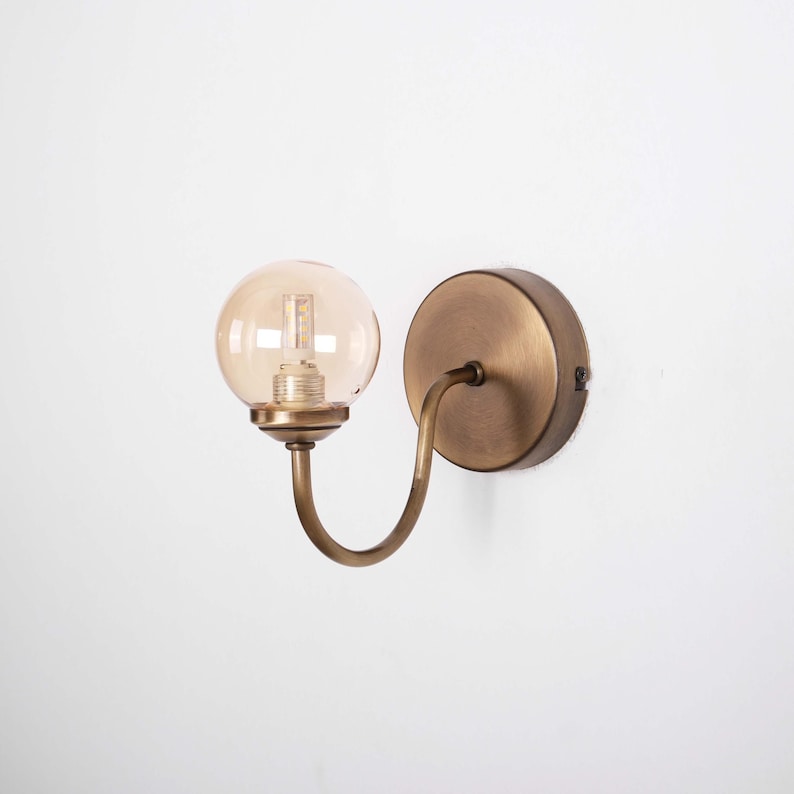 Curved Arm Vintage Brass Wall Lamp, Modern Light Sconce with Glass Globe
