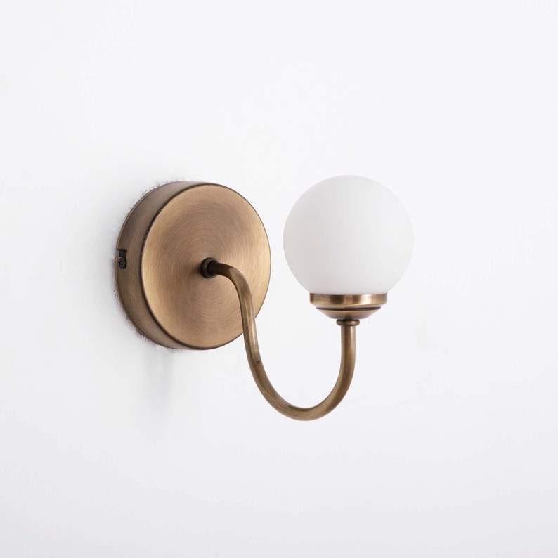 Curved Arm Vintage Brass Wall Lamp, Modern Light Sconce with Glass Globe