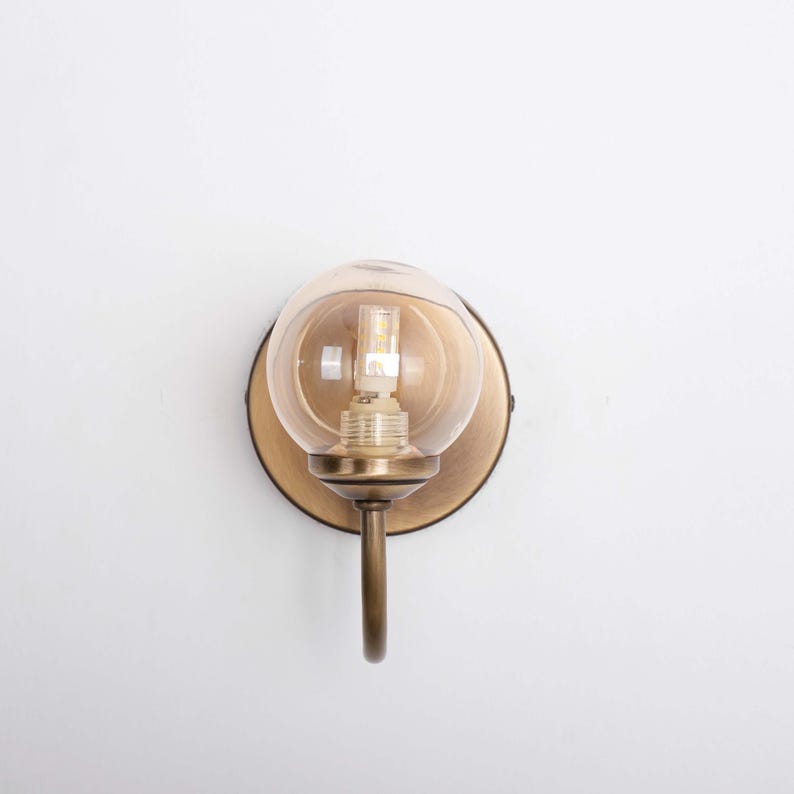 Curved Arm Vintage Brass Wall Lamp, Modern Light Sconce with Glass Globe