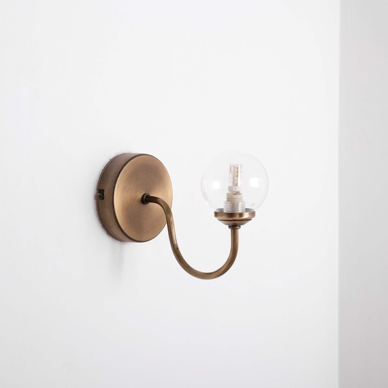 Curved Arm Vintage Brass Wall Lamp, Modern Light Sconce with Glass Globe