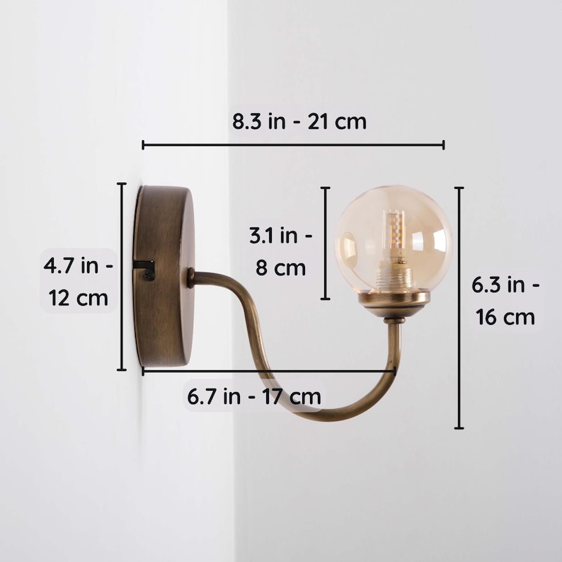 Curved Arm Vintage Brass Wall Lamp, Modern Light Sconce with Glass Globe