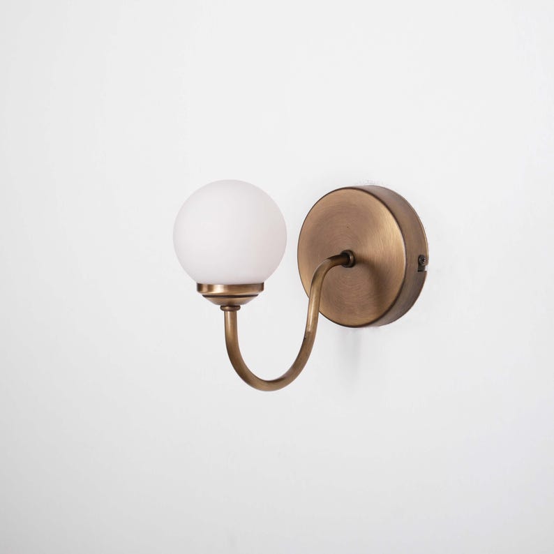 Curved Arm Vintage Brass Wall Lamp, Modern Light Sconce with Glass Globe