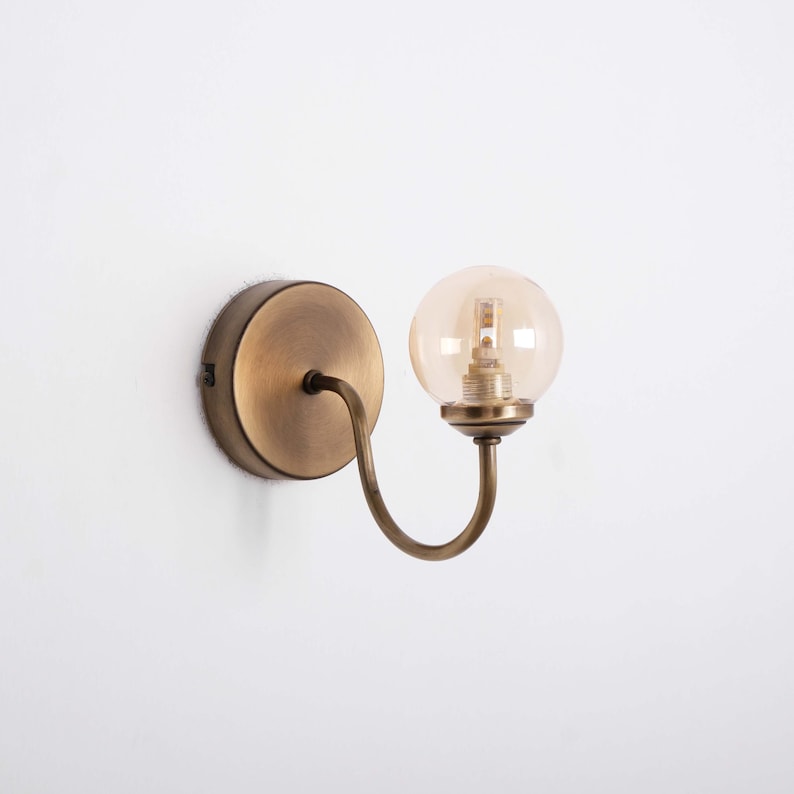 Curved Arm Vintage Brass Wall Lamp, Modern Light Sconce with Glass Globe