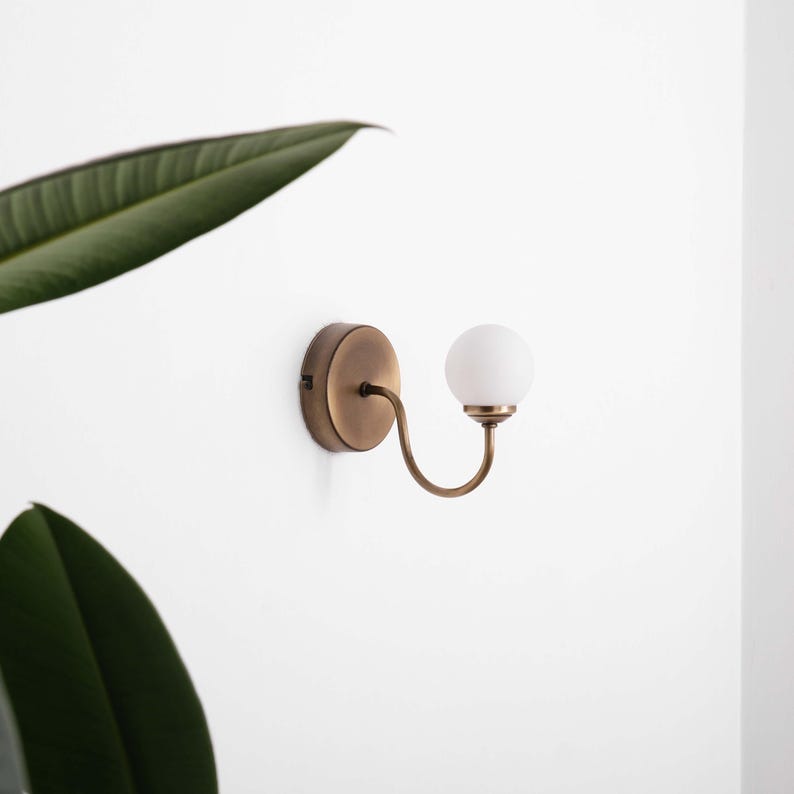 Curved Arm Vintage Brass Wall Lamp, Modern Light Sconce with Glass Globe