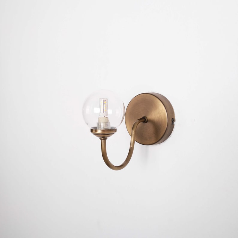 Curved Arm Vintage Brass Wall Lamp, Modern Light Sconce with Glass Globe