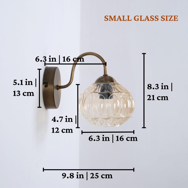 Unique Retro Glass Shade Wall Lamp, Small Amber Glass Sconce