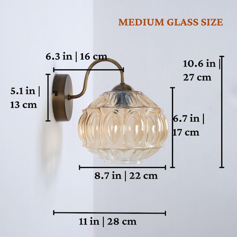 Unique Retro Glass Shade Wall Lamp, Small Amber Glass Sconce