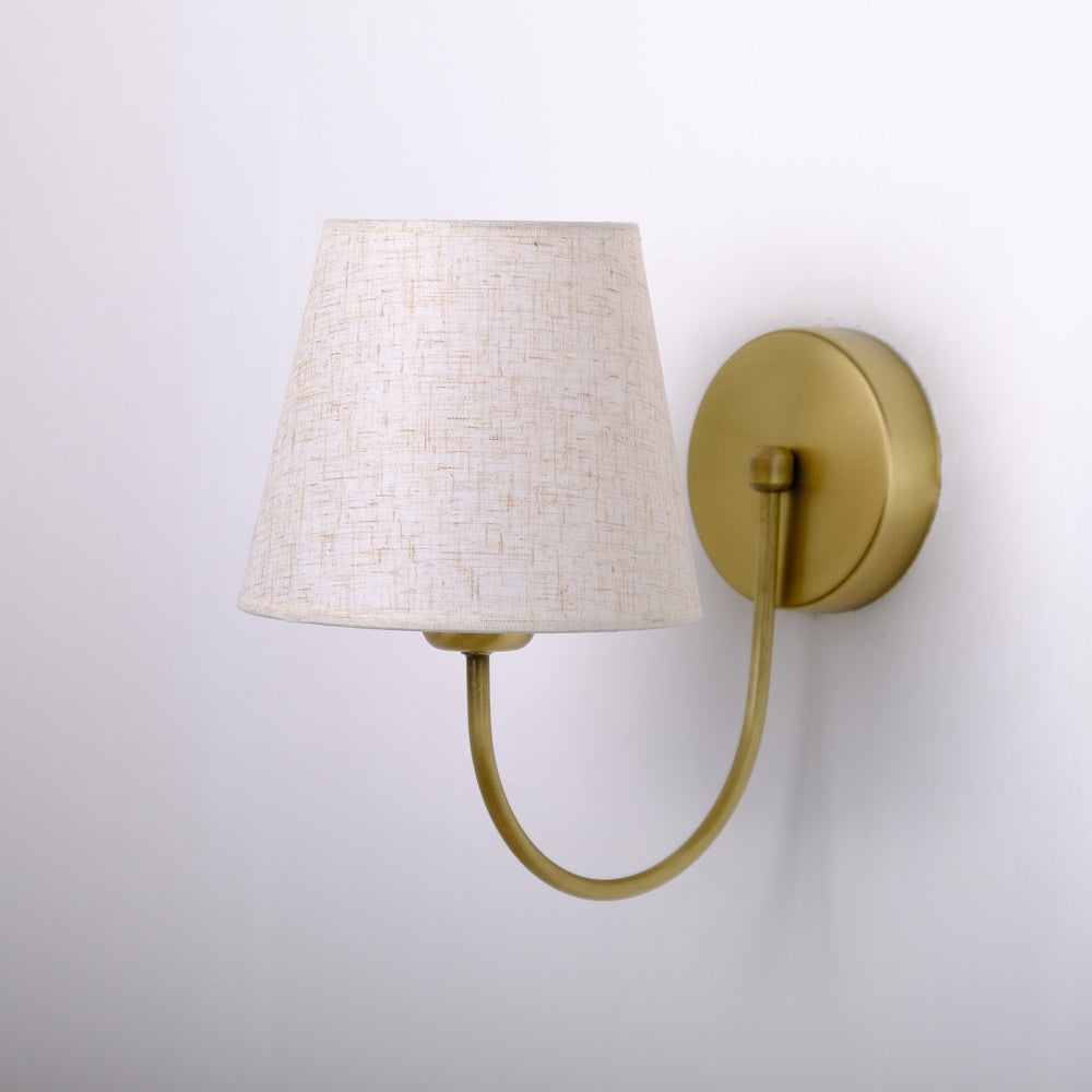 Aged Brass Wall Sconce–Vintage Fabric Lampshade Curved Arm Lighting