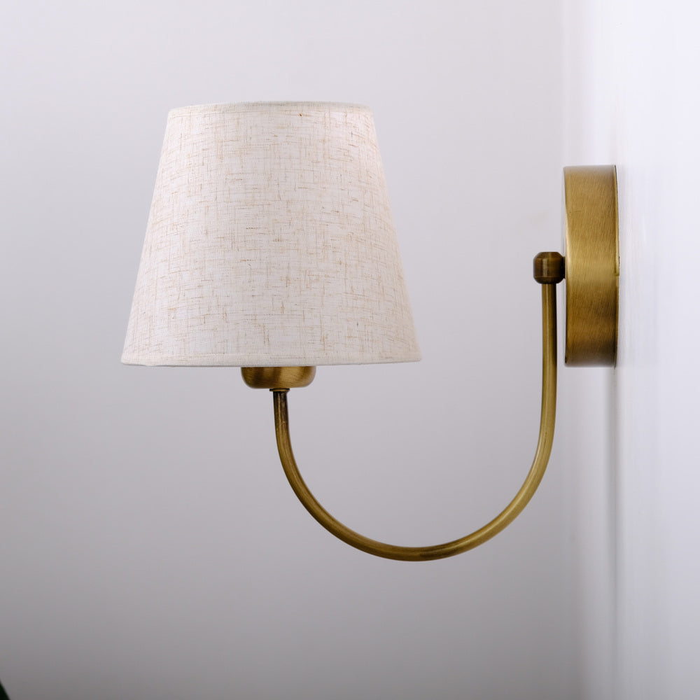Aged Brass Wall Sconce–Vintage Fabric Lampshade Curved Arm Lighting