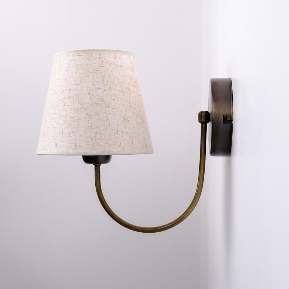 Aged Brass Wall Sconce–Vintage Fabric Lampshade Curved Arm Lighting