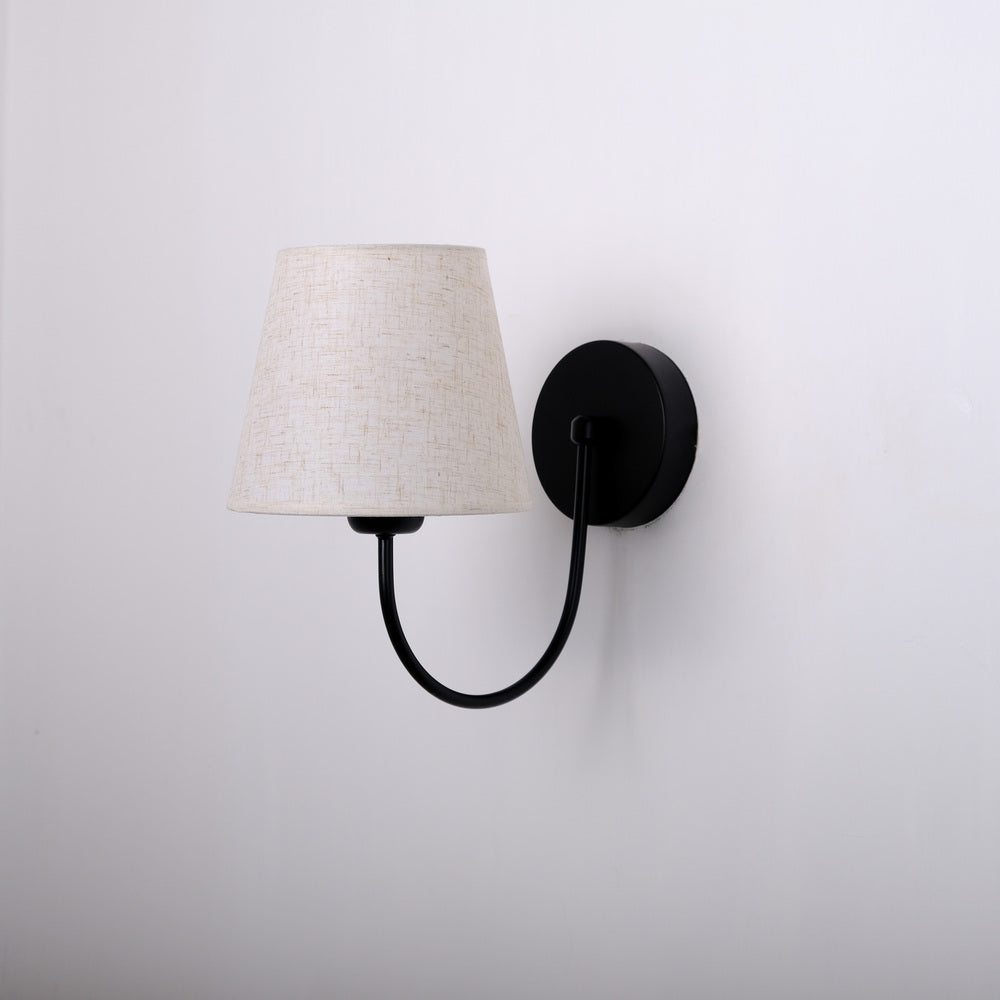 Aged Brass Wall Sconce–Vintage Fabric Lampshade Curved Arm Lighting