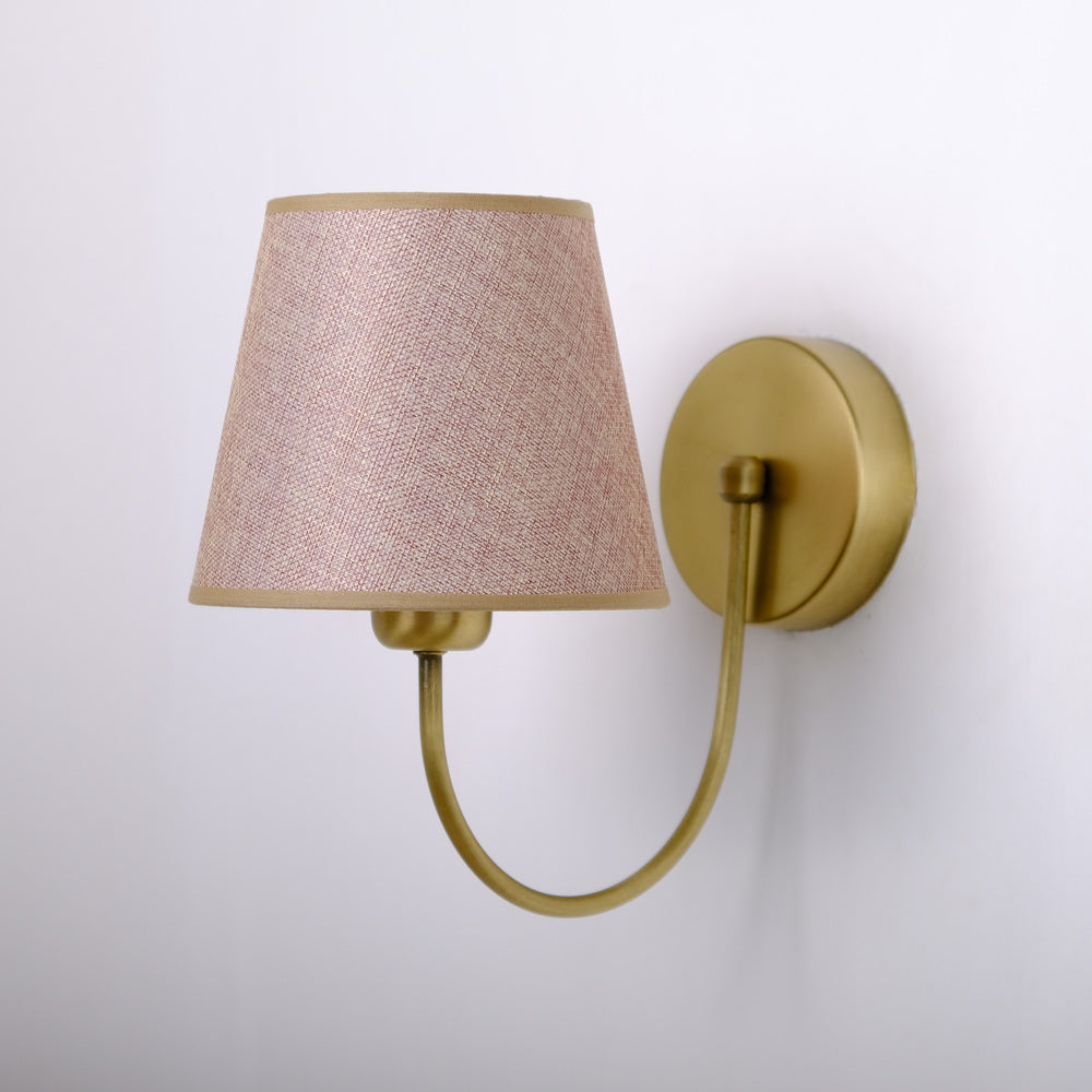 Aged Brass Wall Sconce–Vintage Fabric Lampshade Curved Arm Lighting