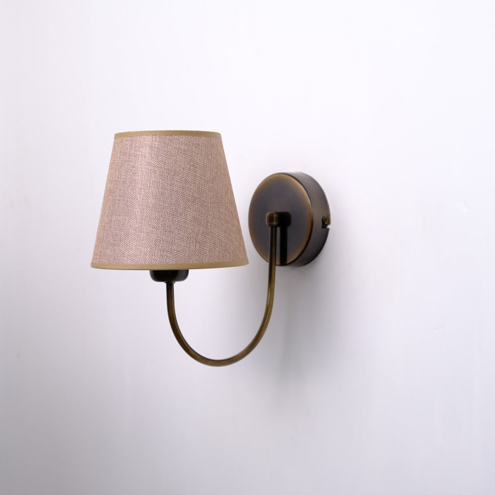 Aged Brass Wall Sconce–Vintage Fabric Lampshade Curved Arm Lighting