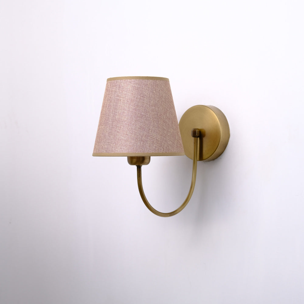 Aged Brass Wall Sconce–Vintage Fabric Lampshade Curved Arm Lighting
