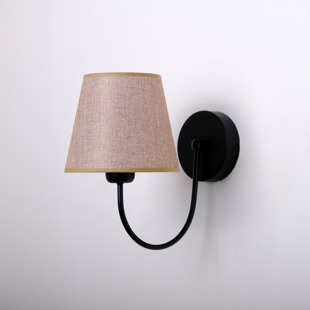 Aged Brass Wall Sconce–Vintage Fabric Lampshade Curved Arm Lighting