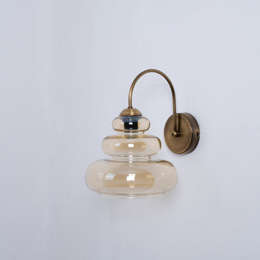 Amber Glass Wall Sconce – Vintage Brass Plug-In Curved Arm Light