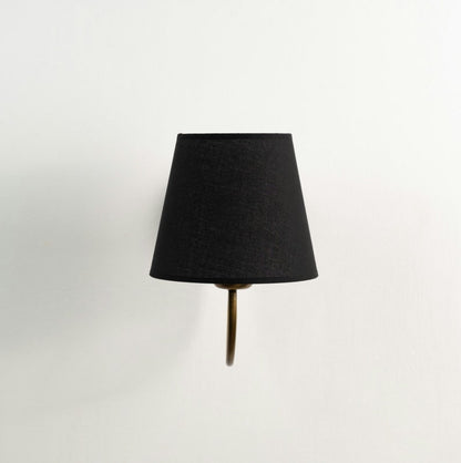 Aged Brass Wall Sconce–Vintage Fabric Lampshade Curved Arm Lighting