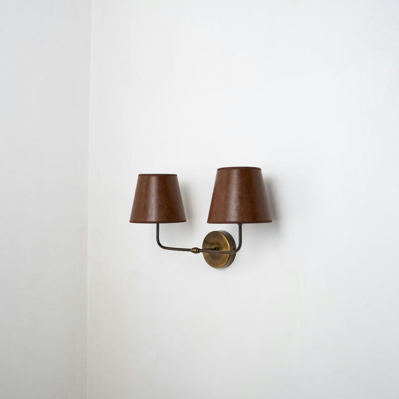 Vintage Fabric Shade Wall Sconce–Modern Brass Curved Arm Vanity Light