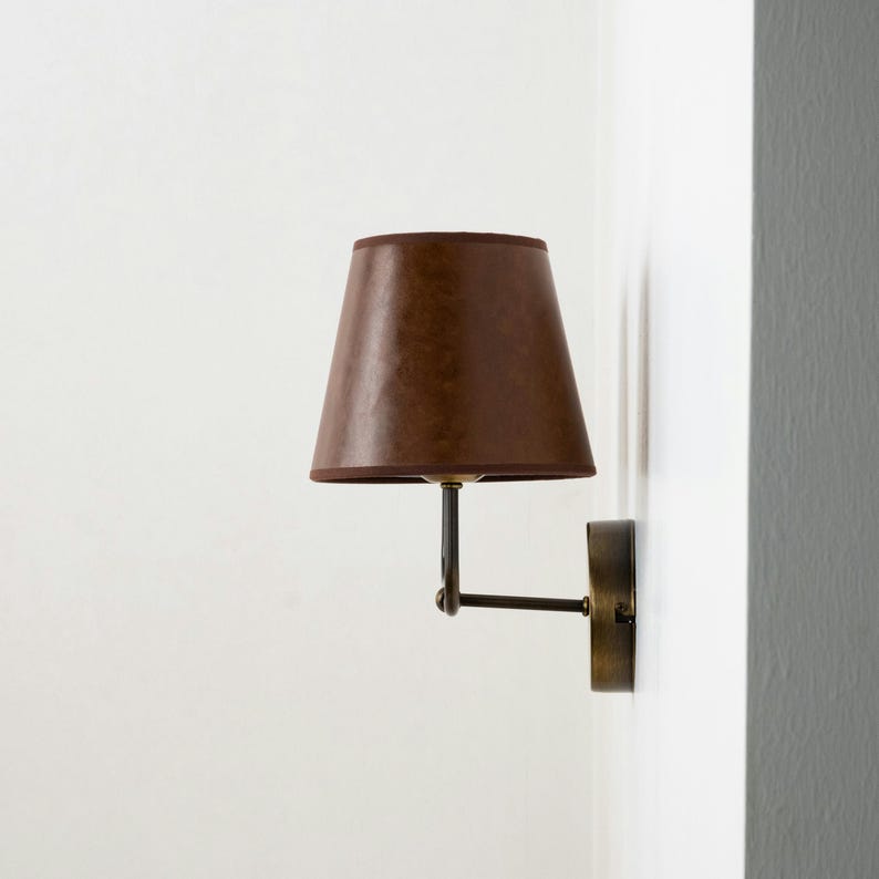 Vintage Fabric Shade Wall Sconce–Modern Brass Curved Arm Vanity Light
