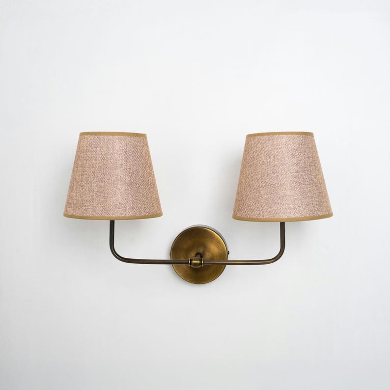 Vintage Fabric Shade Wall Sconce–Modern Brass Curved Arm Vanity Light