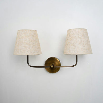 Vintage Fabric Shade Wall Sconce–Modern Brass Curved Arm Vanity Light