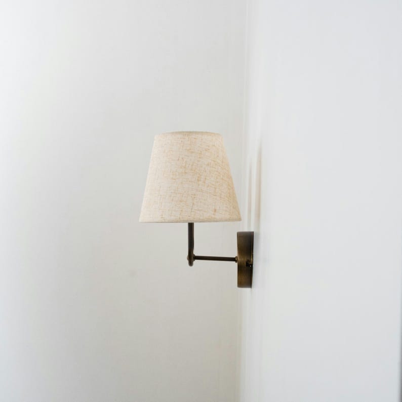 Vintage Fabric Shade Wall Sconce–Modern Brass Curved Arm Vanity Light