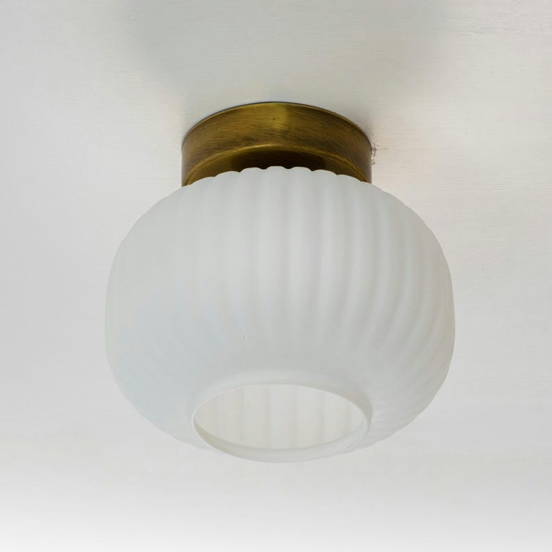 Vintage Ribbed Glass Ceiling Lamp-Semi-Flush Mount Vanity Fixture