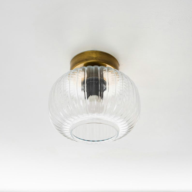 Vintage Ribbed Glass Ceiling Lamp-Semi-Flush Mount Vanity Fixture