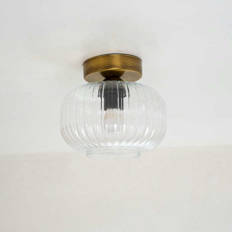 Vintage Ribbed Glass Ceiling Lamp-Semi-Flush Mount Vanity Fixture