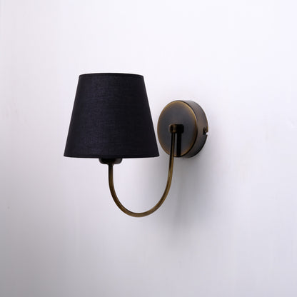 Aged Brass Wall Sconce–Vintage Fabric Lampshade Curved Arm Lighting