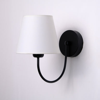 Aged Brass Wall Sconce–Vintage Fabric Lampshade Curved Arm Lighting