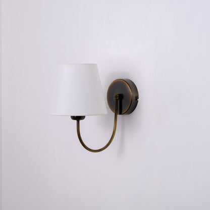Aged Brass Wall Sconce–Vintage Fabric Lampshade Curved Arm Lighting