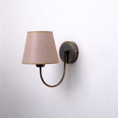 Aged Brass Wall Sconce–Vintage Fabric Lampshade Curved Arm Lighting